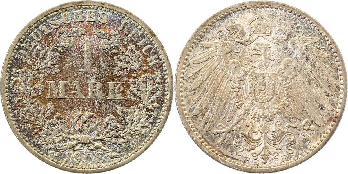 017n08F~1.3b-GG-PAT 1 Mark  1908F f.prfr. Wertseite herrliche beginnende Patina J 017  