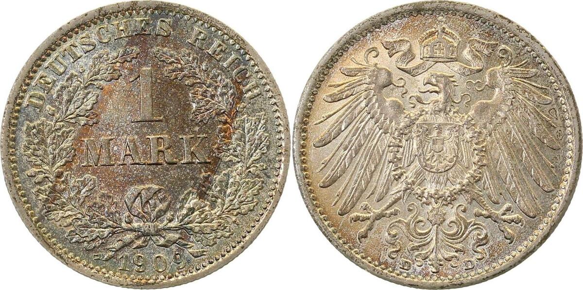 017n09D~1.1a-GG-PAT 1 Mark  1909D prfr/stgl. Erstabschlag (EA)! !! tolle beginnende Patina !! J 017  