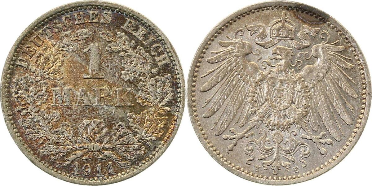 017n11E~1.5a-GG-PAT 1 Mark  1911E vz/stgl schöne Patina J 017  