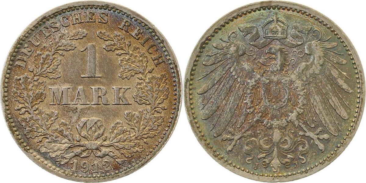 017n12J~1.5-GG-PAT 1 Mark  1912J vz/stgl, alte farbige Patina !!! J 017  