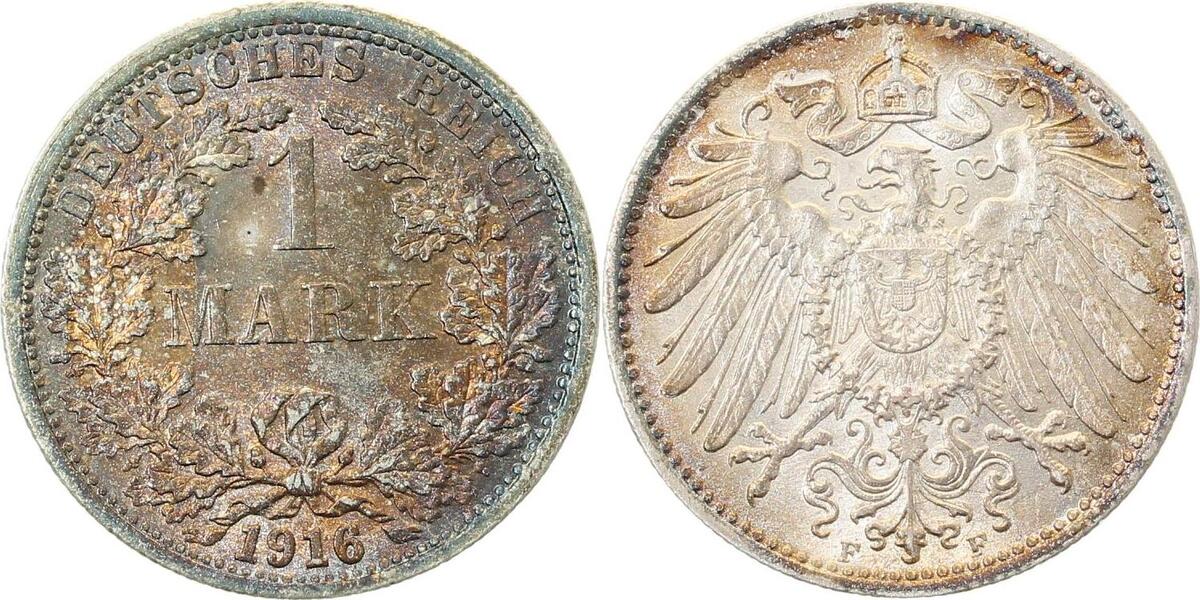 017n16F~1.2-GG-PAT 1 Mark  1916F prfr. , leicht beginnende goldene Patina J 017  