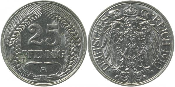 01810A~1.1b 25 Pfennig  1910A prfr/st leichte Korr.stelle J 018  