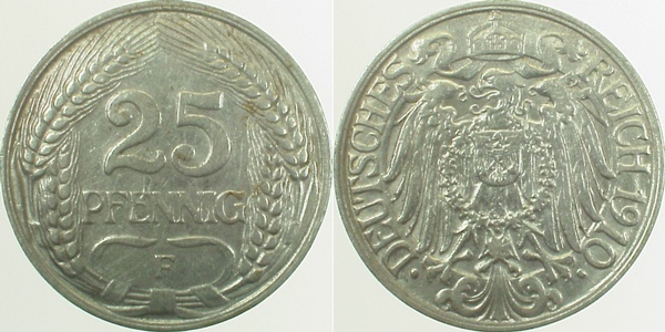 01810F~2.5b 25 Pfennig  1910F ss/v Licht.Prägung J 018  
