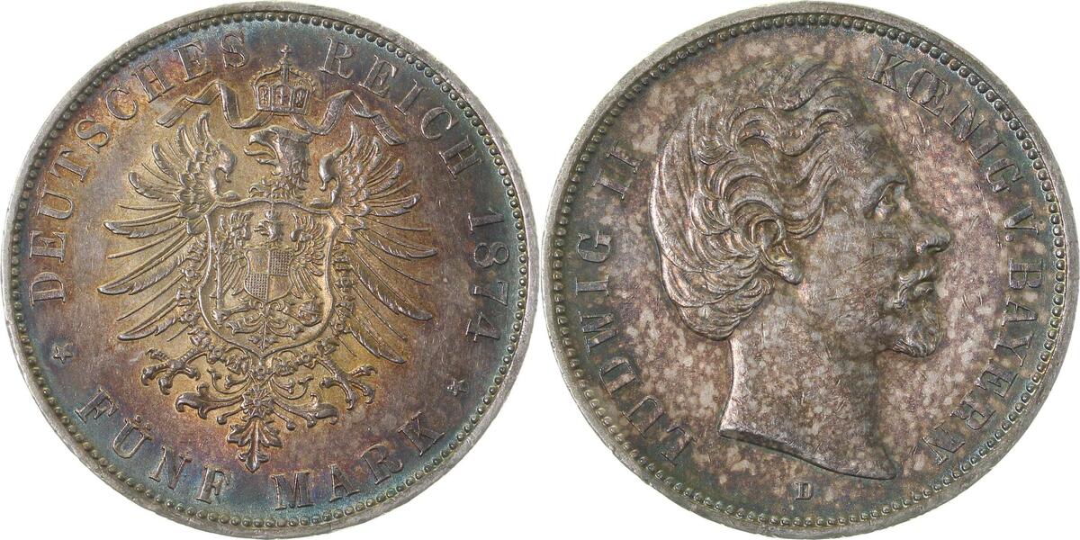 04274D~1.5b-GG-PAT 5 Mark  Ludwig II 74D prfr/prfr/st herrliche Patina !!!!, Krätzerchen J 042  