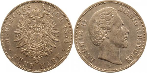 04274D~2.2-GG 5 Mark  Ludwig II v.Bayern 1874D f.vz !!! J 042  