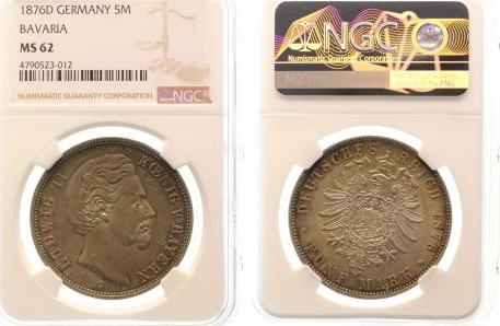 04276D~1.5-GG-PAT 5 Mark  Ludwig II 1876D vz/stgl + NGC MS62 Patina J 042  