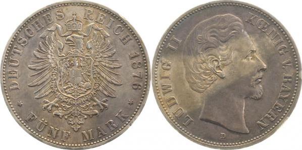 04276D~1.5b 5 Mark  Ludwig II 1876D vz/stgl 2 kl. Randfehler J 042  