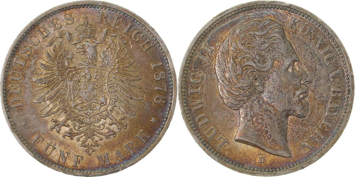 04276D~1.8b-GG-PAT 5 Mark  Ludwig II 76D vz+, unsauberer Rand !!!, goldene Patina J 042  
