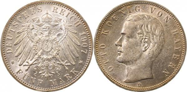 04607D~1.3b-GG-PAT 5 Mark   Otto 1907D f.prfr/prfr aufkomm. goldene Patina winz.Rf. J 046  