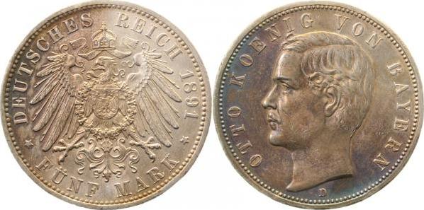 04691D~1.5-GG-PAT 5 Mark   Otto 1891D vz/st kl. Kratzer, schöne Patina !! J 046  