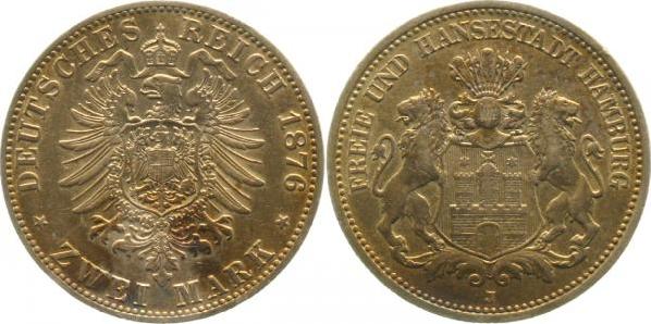 06176J~1.5b-GG-PAT 2 Mark  Hamburg 1876J vz/stgl winz. Kerbe, leichte gold. Patina J 061  