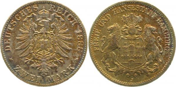 06188J~1.6-GG-PAT 2 Mark  Hamburg 1888J vz+/vz/stgl min. Rf. herrliche gold. Patina J 061  