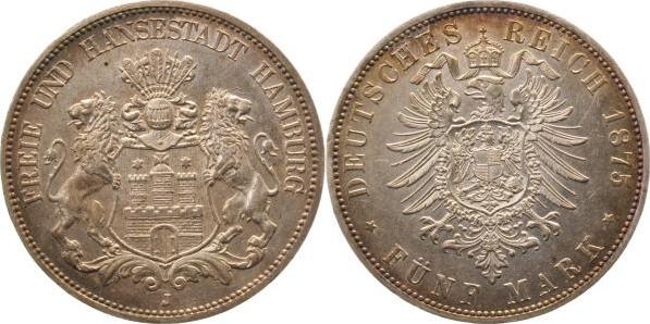 06275J~1.8-GG-PAT 5 Mark  Hamburg 1875J vz+ leichte goldene Patina J 062  