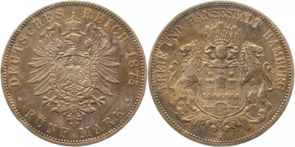 06275J~2.5b-GG-PAT 5 Mark  Hamburg 1875J ss/vz kl. Rf. tolle Patina J 062  