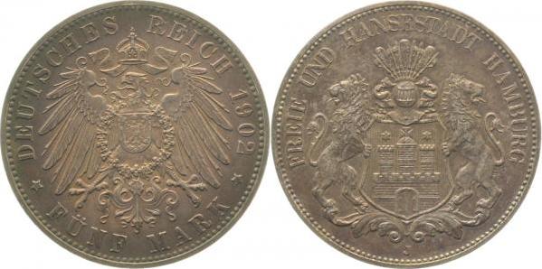 06502J~1.1-IN 5 Mark  Hamburg 1902J prfr/stgl !!! herrl. Patina J 065  