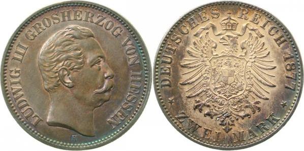 06677H~1.5-GG-PAT 2 Mark  Ludwig III. 1877H Hessen vz/stgl !!!! herrl. Patina J 066  