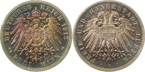 08213A-0.0-GG-PAT 3 M. Lübeck 1913A Pol. Platte proof, herrliche Patina J 082  