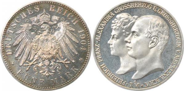 08704A~0.0-GG-PAT 5 Mark  Friedr. Franz IV 1904A Hochz. PP leichte Patina, fast perfekt J 087  