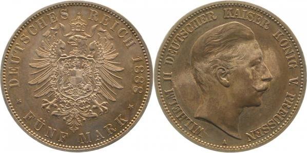 10188A~1.1-GG-PAT 5 Mark  Wilhelm II 1888A prfr/stgl schöne Patina J 101  