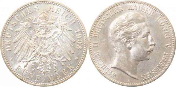 10403A~1.2-GG-PAT 5 Mark  Wilhelm II 1903A f.stgl Kopfseite leichte Patina TOP J 104  