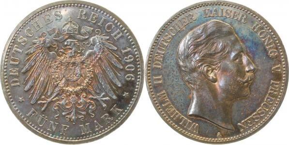 10406A~0.1-GG-PAT 5 Mark  Wilhelm II 1906A PP- herrliche Patina J 104  