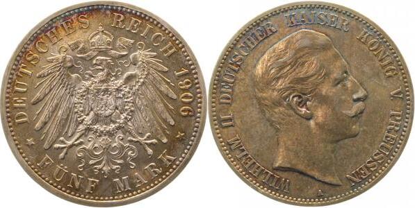 10406A~1.3a-GG-PAT 5 Mark   Wilhelm II 1906A f.prfr/f.stgl EA leichte goldene Patina J 104  