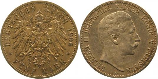 10406A~2.5-GG 5 Mark   Wilhelm II 1906A ss/vz leichte Patina J 104  