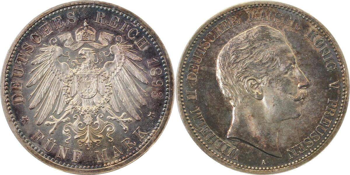 10493A~0.0-GG-PAT 5 Mark  Wilhelm II 1893A Polierte Platte min. berührt J 104  