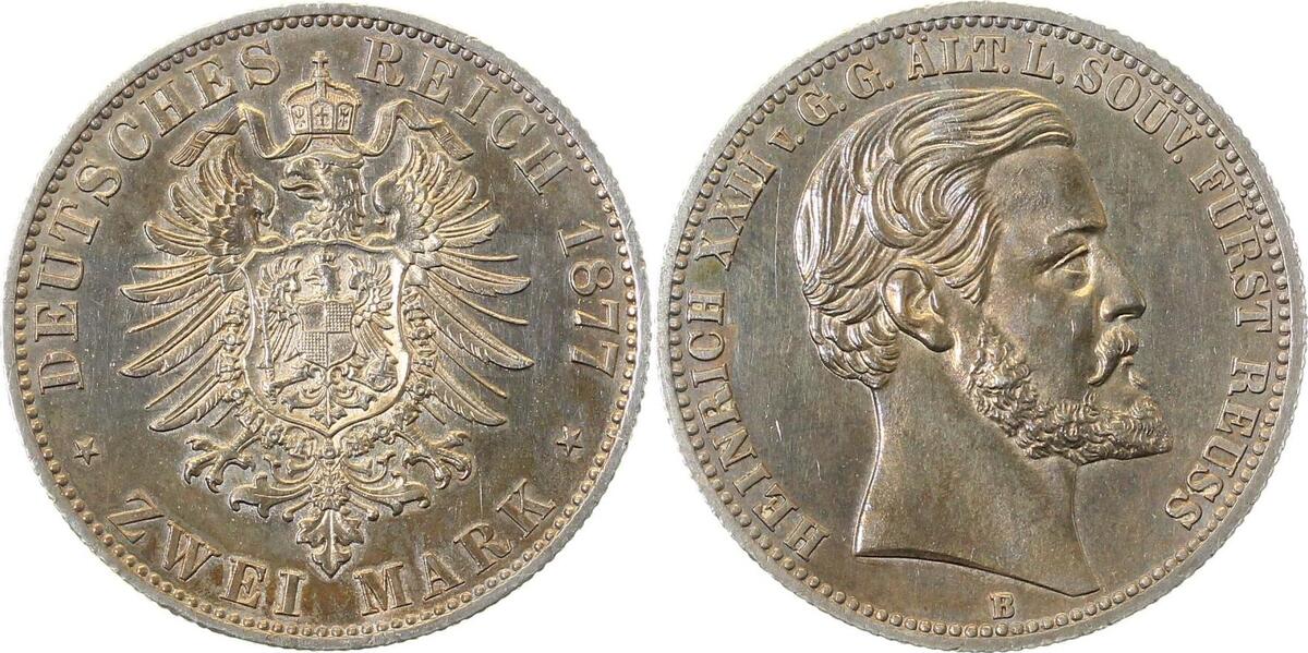 11677B~0.1-GG-PAT 2 Mark  Heinrich XXII. 1877B PP- , min. Berührungen, herrl. Patina J 116  