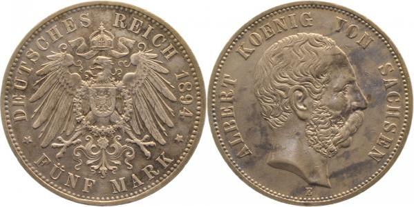 12594E~2.1-GG-PAT 5 Mark  Albert.v.Sachsen 1894E f. vz schöne Patina J 125  