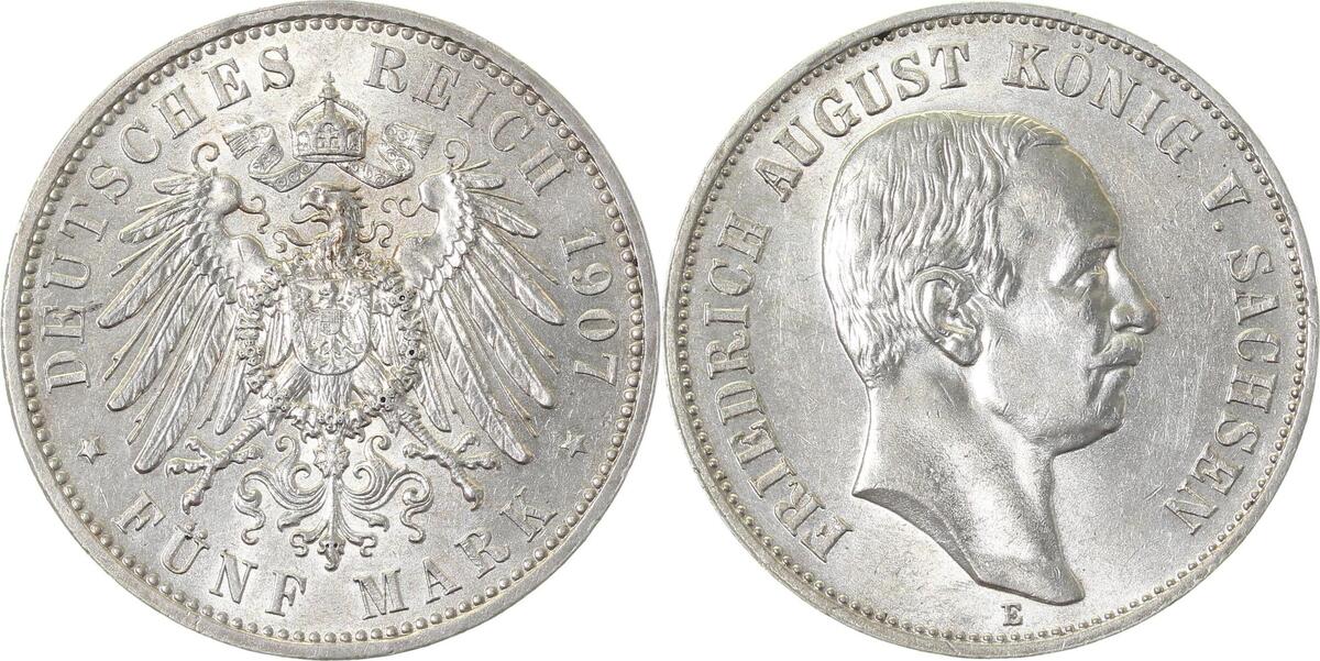 13607E~1.4-GG 5 Mark  Sachsen Friedrich August 1907E, f.prfr/f.prfr !! J 136  