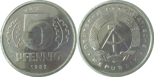 150987A~1.0 5 Pfennig  DDR 1987A stgl./matt EA J1509  