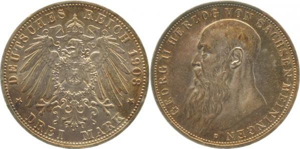 15208D~1.1a-GG-PAT 3 M. Georg II. 1908D prfr/stgl EA goldene Patina J 152  