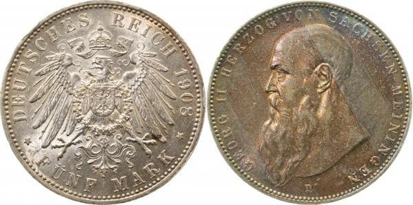 153b08D~1.3-PAT-GG 5 Mark  Georg II.Sachsen-Mein. 1908D prfr/stgl/f.stgl schöne Patina !!! J 153b  