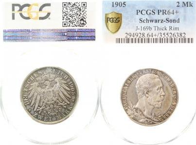 169b05A~0.0 2 Mark  K.Günther Schwarz.-Sond. 05A Pol. Platte PCGS PR64+ J 169b  