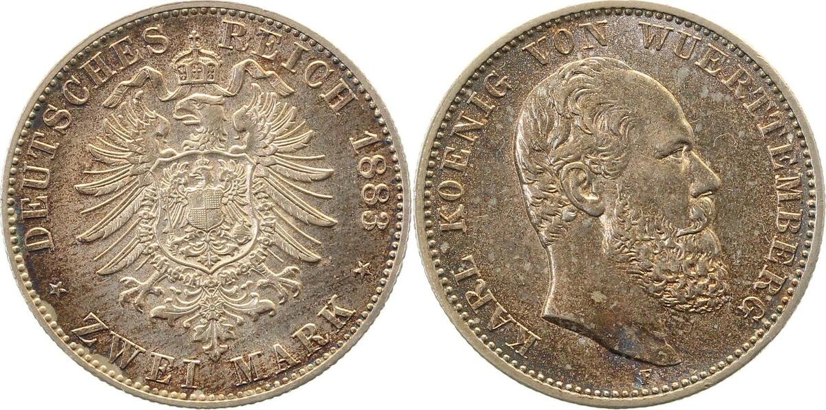 17283F~1.3-GG 2 Mark  Karl v. Württ. 1883F f.prfr/f.prfr/stgl leichte Patina J 172  