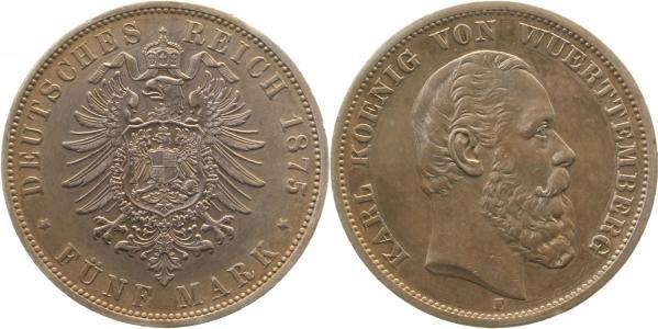 17375F~GG-PAT 5 Mark  Karl v.Württ. 1875F gestichelt, sonst fast prägefrisch !!! J 173  