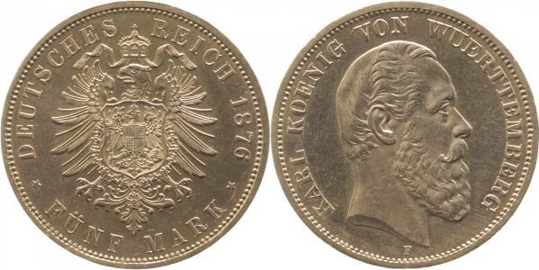 17376F~1.3-GG 5 Mark  Karl v.Württemberg 1876F f.prfr/prfr !! J 173  