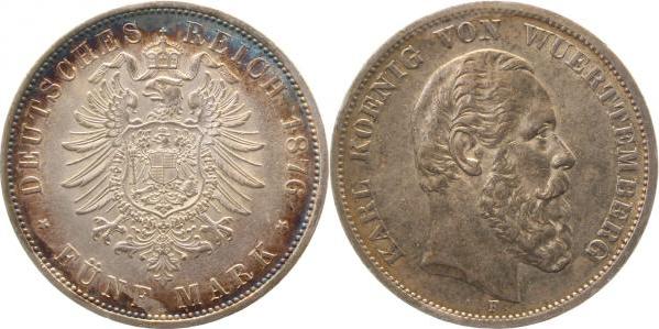 17376F~1.8-GG-PAT 5 Mark  K v.Württemberg 1876F vz/prfr leichte Patina J 173  