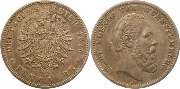 17376F~2.5-GG-PAT 5 Mark  K v.Württemberg 1876F ss/vz Patina J 173  