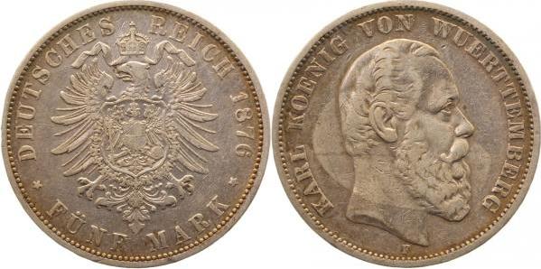 17376F~2.8-GG-PAT 5 Mark  K v.Württemberg 1876F ss+ leichte Patina J 173  