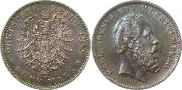 17388F~2.2-8-H 5 Mark  Karl v.Württemberg 1888F f.vz, tolle Patina, Top J 173  