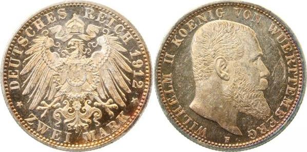 17412F~0.1-GG-PAT 2 Mark  1912F Wilh.II Württ. Pol. Platte- proof- !!! goldene Patina J 174  