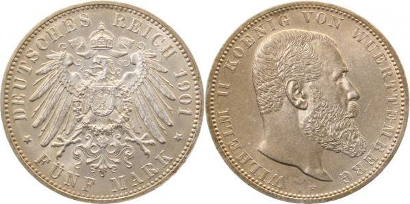 17601F~1.1-GG 5 Mark  Wilh. II, Württemberg. 1901F prfr/stgl !!! Top J 173  