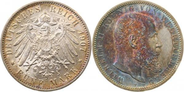 17607F~1.5b-GG-PAT 5 Mark  Württ. 1907F vz/stgl Rndf. herrliche Patina J 176  