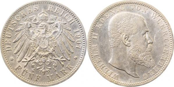 17607F~1.8-GG 5 Mark  Württ. 1907F vz+/vz/prfr J 176  