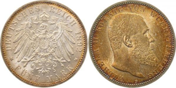 17692F~1.1-GG-PAT 5 Mark  Württ. 1892F prf/stgl herrliche Patina !!!! J 176  