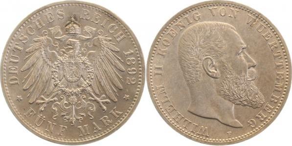 17692F~1.5a 5 Mark  Württ. 1892F f.prfr !!! Erstabschlag kl. Schrötlingsfehler !! J 176  