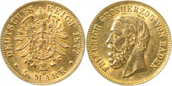 18577G~1.2-GG 5 Mark  Baden Friedrich 1877G f.stgl !!!!!!! J 185  