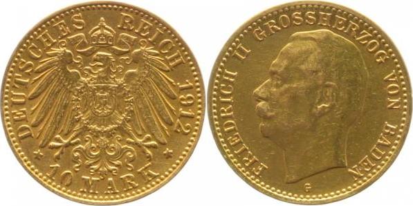 19112G~2.5-GG 10 Mark   Friedrich II v.Baden ss/vz seltenes Jah,r min. Henkelspur J 191  